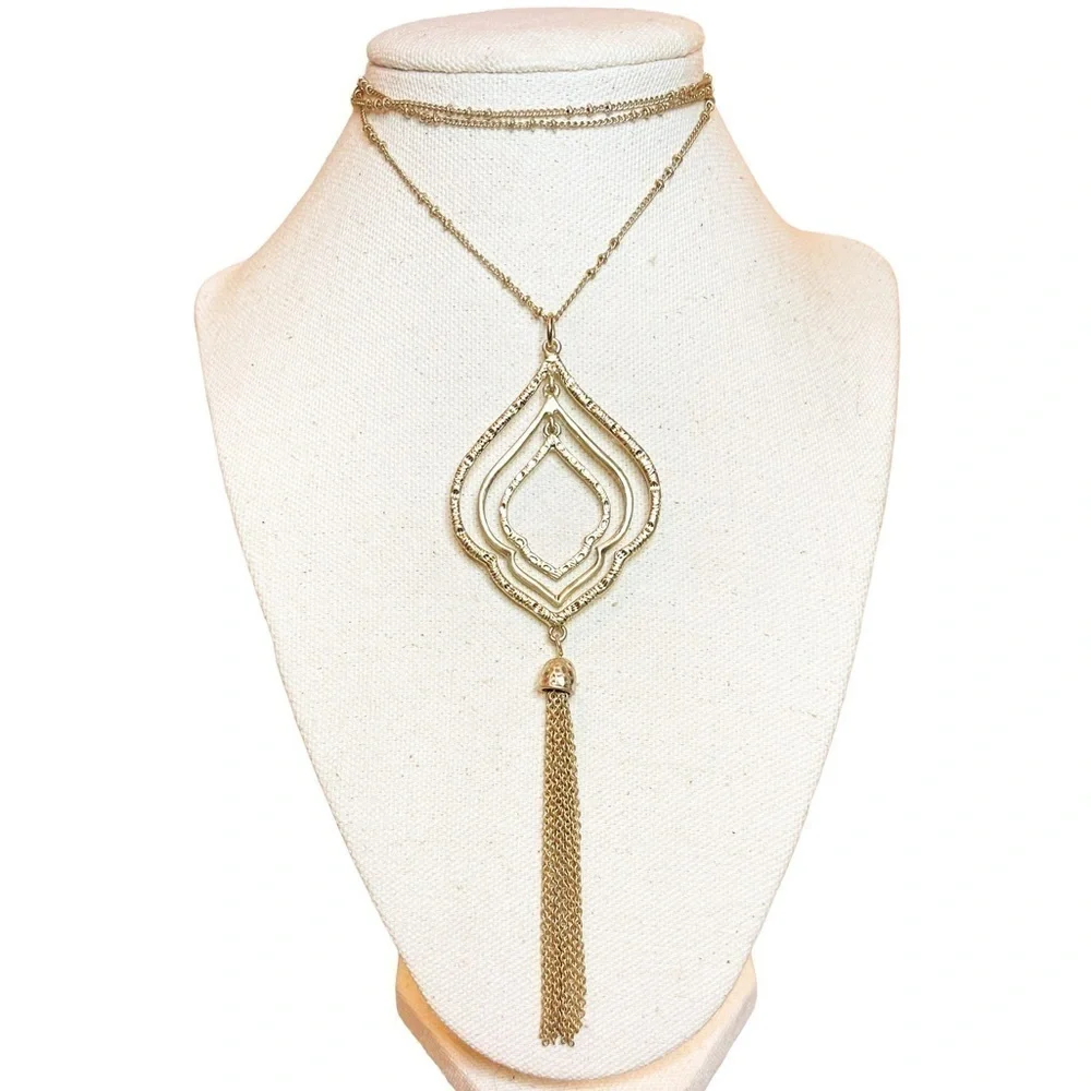 JV Long Hammered‎ Gold Tone Metal Lariat Statement Necklace With Tassel Detail